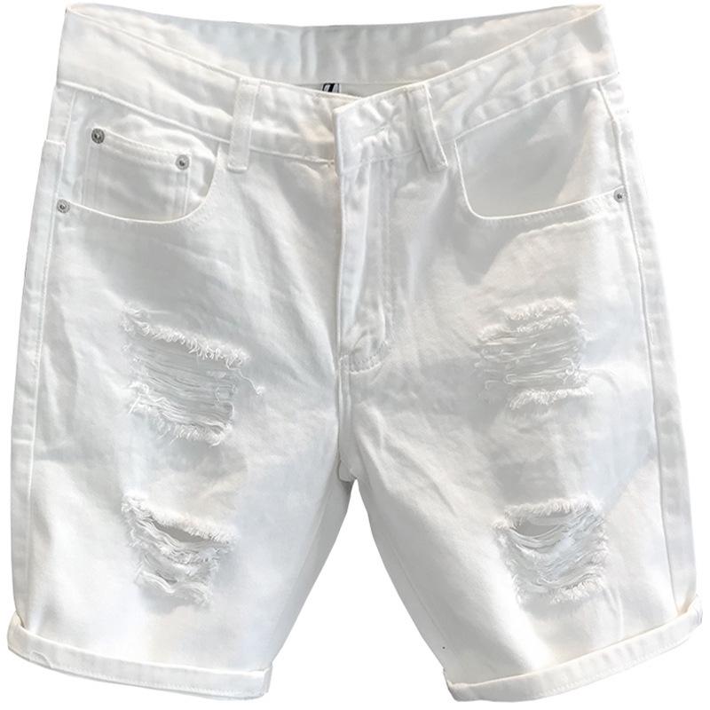 2023 Hong Kong Street Style Men's White Ripped Denim Shorts - Trendy Summer Casuals