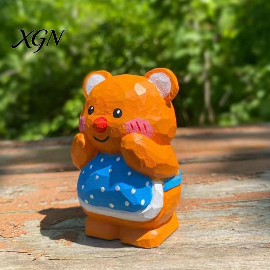 Cute Bear Desktop Decoration Hand-Carved Basswood Ornament, Apron Wood Decorative Figurine, Car Interior Accessory Statue for Shelf And Home