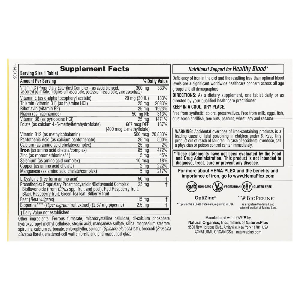 NaturesPlus Hema-Plex Iron Enhanced Sustained Release Tablets, 10 Count
