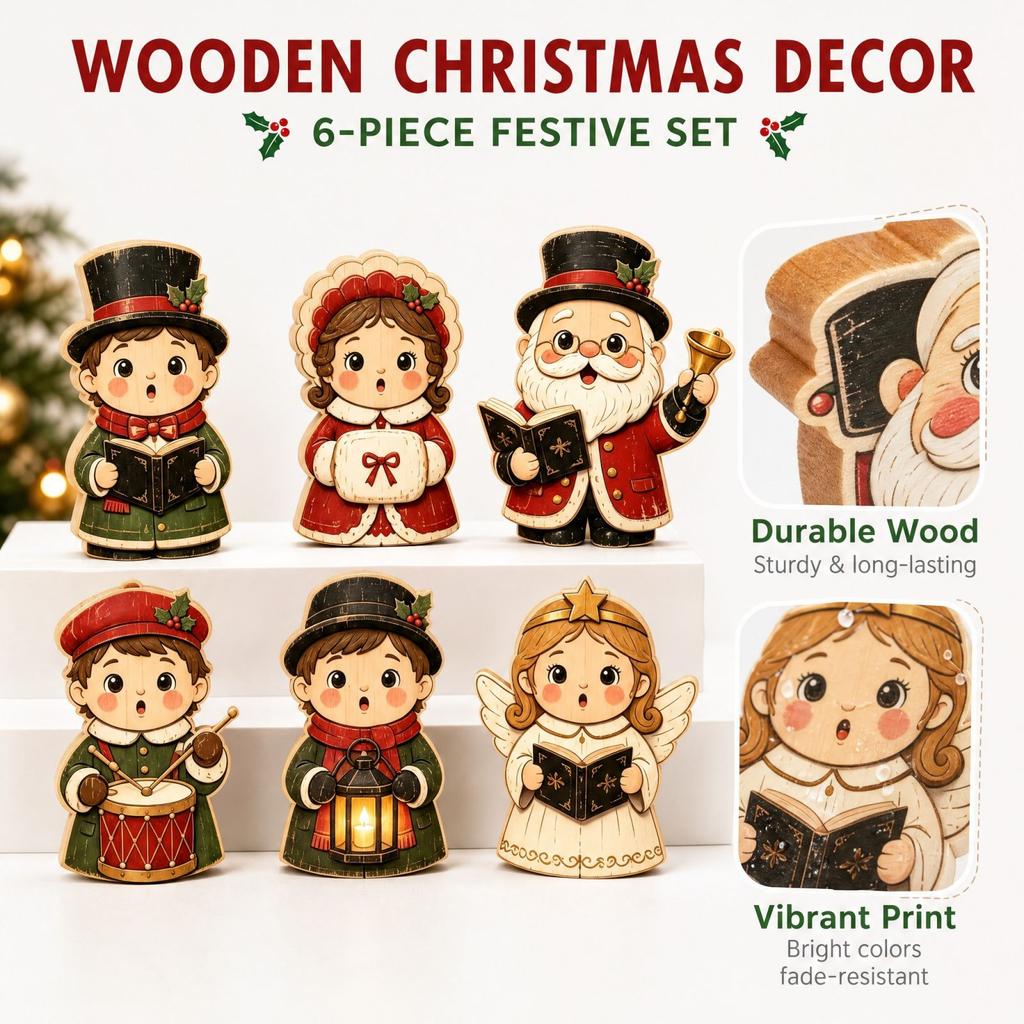 6 Pcs Retro Christmas Wooden Tabletop Decorations and Snowman Set, Holiday Desktop Ornament Decor