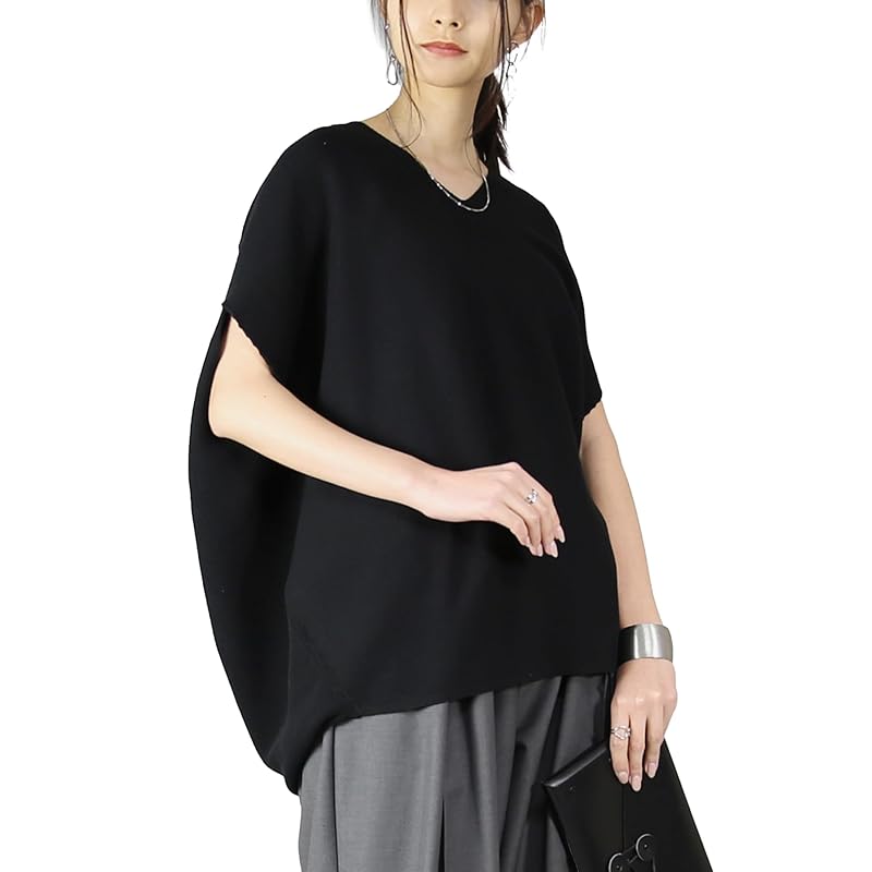 

[And It] cocoon cotton knit Plain color V-neck short sleeve Thin summer knit pullover ladies F 51 black A
