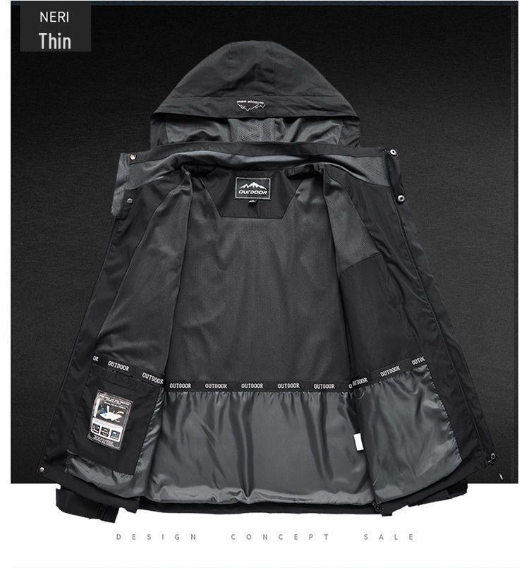 Men's Windproof Waterproof Fleece-Lined Jacket with Removable Hood for Autumn and Winter - Stain-Resistant Outdoor Mountaineering Outerwear.