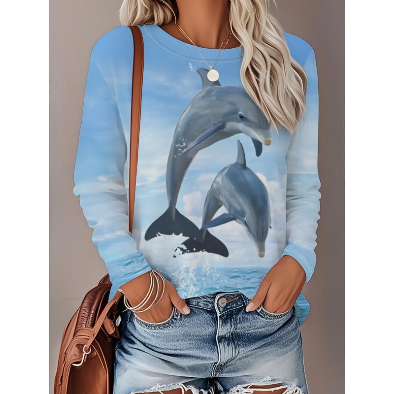 Womens Loose Fit Long Sleeve Round Neck Tee With 3D Peacock Cat Print - Milk Silk Fabric 2025 Casual Top