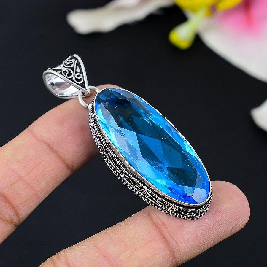 Blue Topaz Gemstone Handmade 925 Sterling Silver Jewelry Pendant 1.77" KG-123