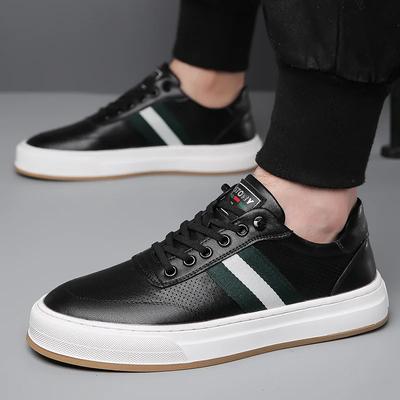 European Shoes for Men Genuine Leather Casual Shoes Spring Flat Skateboard Shoes Fashion Striped Sneaker