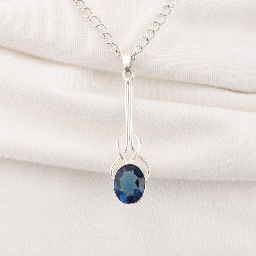 London Blue Topaz Pendant, 925 Solid Sterling Silver Gemstone Jewelry, Handmade Pendant, Gift For Her