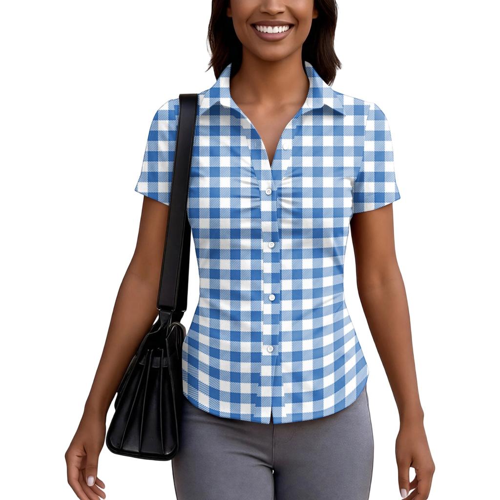 Women's Short Sleeve Button Down Shirt Slim Fit Collared Blouse Lightweight Breathable Summer Top for Casual Workwear