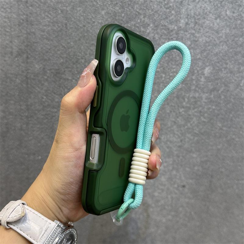 Custodia con Cinturino da Polso a Doppia Colore Magsafe per iPhone 16 15 14 13 Pro Max Plus 12 11 Cover Corazzata Rigida Magnetica con Laccetto