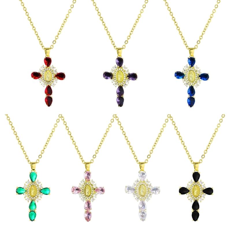 Crucifix Pendant Necklace Unique Cross Maria Charm Clavicle Chain Adjustable Choker Ethnic Style Jewelry Accessory