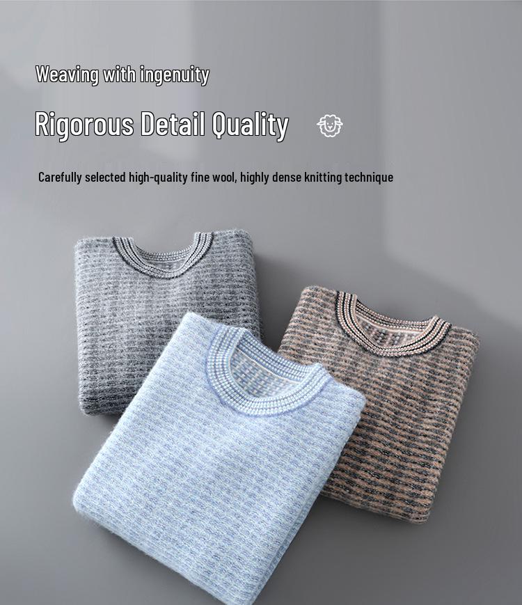 Men's Thickened Pure Wool Color Block Sweater – Round Neck Business Casual Knitwear.