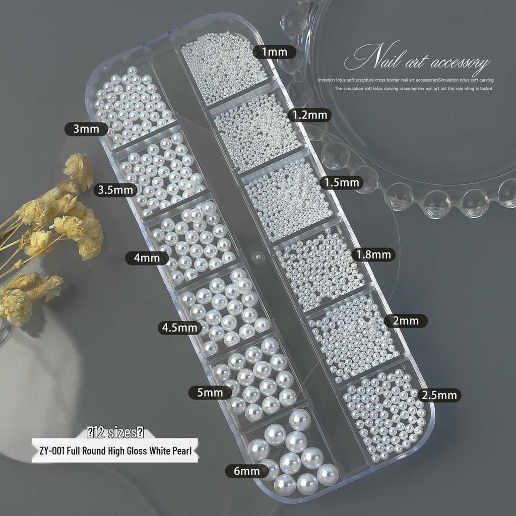 High-Gloss Mixed Size Flat-Back White Pearl Nail Art Gems