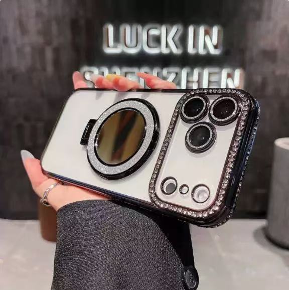 The new iPhone17 bracket magnetic mobile phone case is suitable for Apple 16 rhinestone mirror 15 Pro Max protective case.