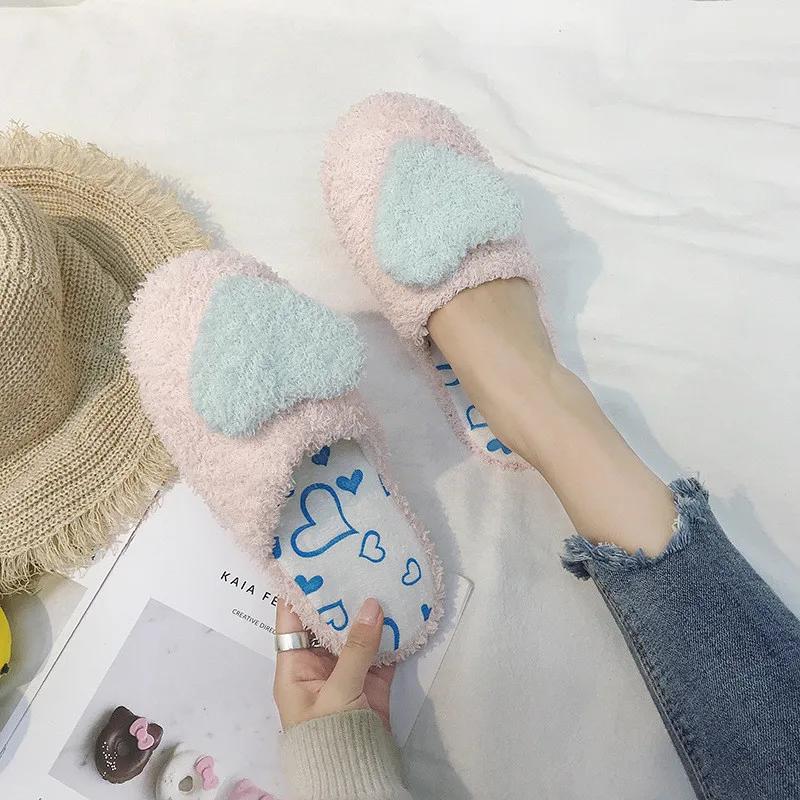 Fashion 2025 Home Slippers Women's Indoor fur Slippers Winter Ladies Slippers Cute Love Shape Female Shoes Female Girls Warm Slippers