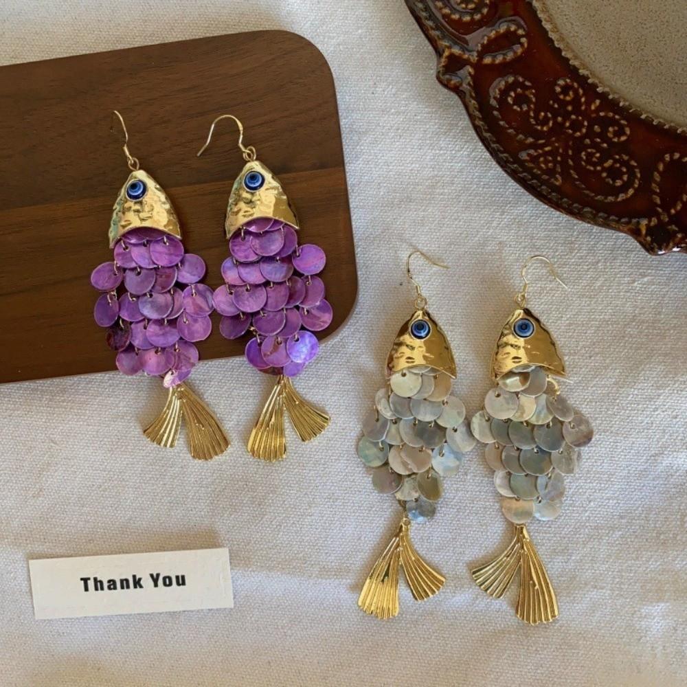 Personality Fish-shaped Earrings Scaly Dangle Earrings Imitation Shell Tassel Earrings  Festival