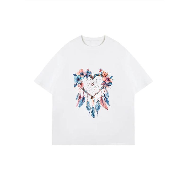 White T-Shirt With Dreamcatcher Heart Floral Print For Casual Wear
