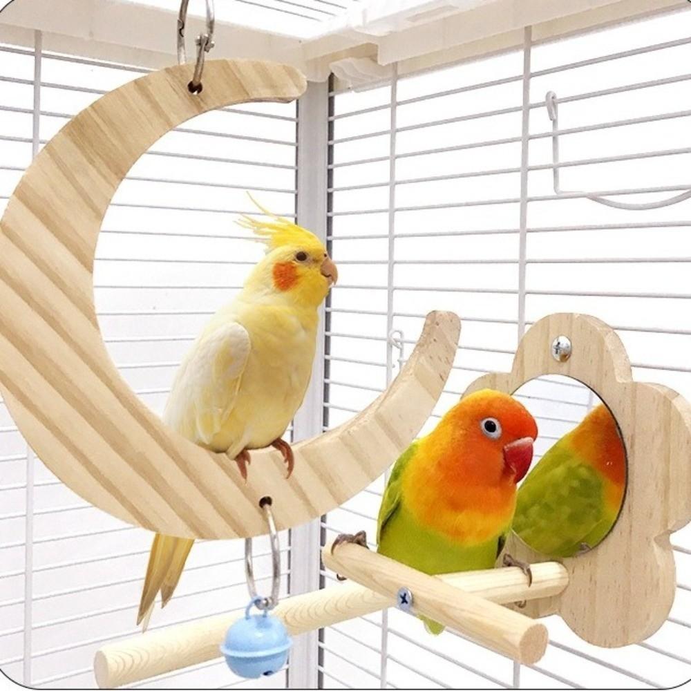 Creative Hanging Bird Flower Mirror Moon-shaped Bite Resistant Bird Interactive Play with Bell Bird Wooden Perch Training Tool