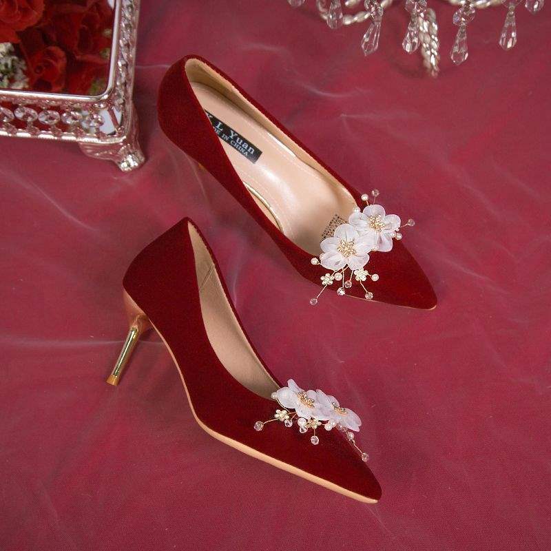 2025 new red wedding shoes women's show clothes two wear stiletto bride shoes pregnant women toast Chinese dress shoes