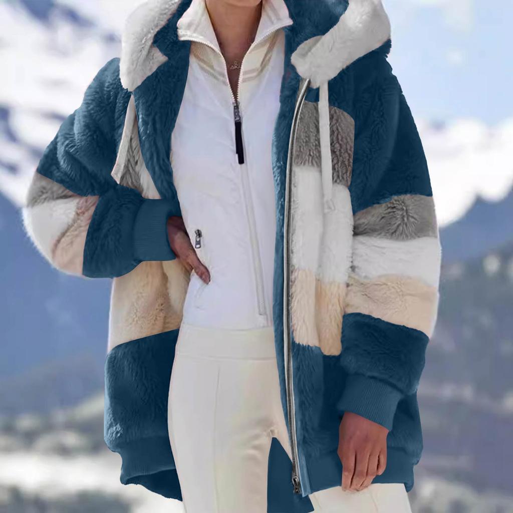 Women's Fashionable Warm Fleece Solid Color Patchwork Hoodie Zipper Pocket Casual Jacket