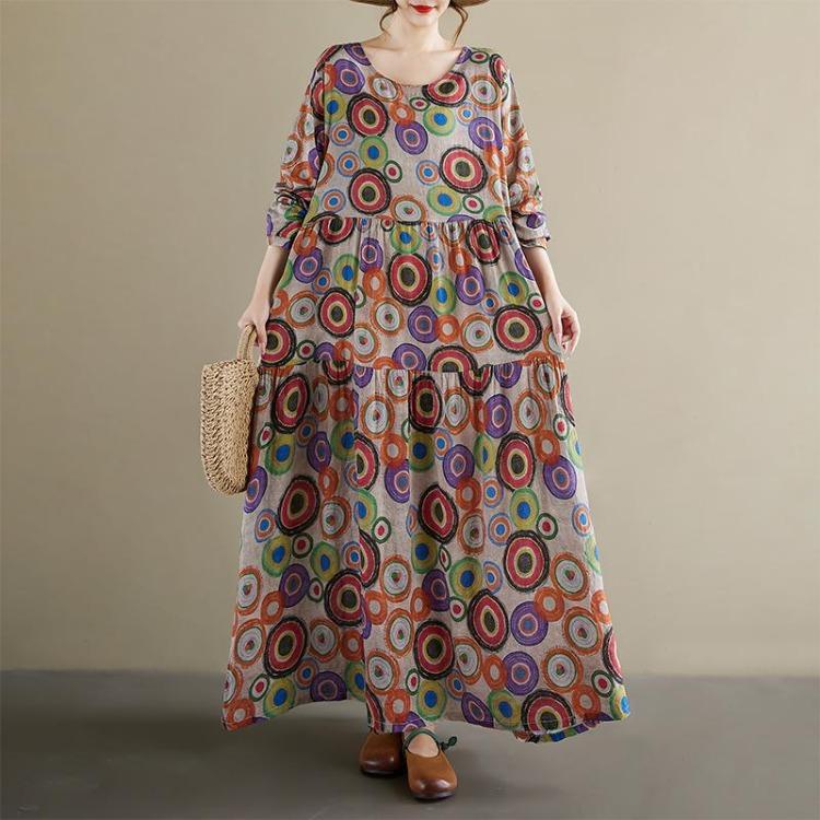 

Vintage Floral Print Women Plus Size Dress Oversize Casual Maxi Long Sleeve Spring Loose Basic Long Dress One Size