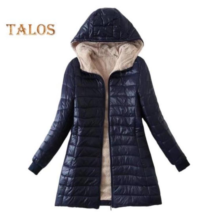 

Зимове Тепле Пальто з Капюшоном Жіноче Товста Плюшева Куртка з Підкладкою Приталеного Крою Вітрозахисна На Блискавці Довгі Рукави Еластичні Манжети Верхній Одяг для Повсякденного Носіння на Відкритому Повітрі 3XL темно-синього кольору