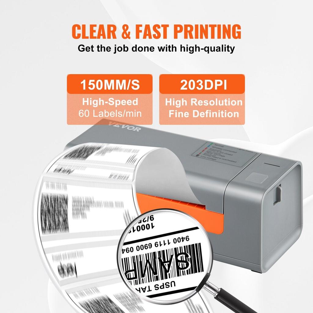 Thermal Label Printer, 203DPI 60pcs/min for 4x6 Mailing Packages, USB Connection & Automatic Label Recognition, Support Windows/MacOS/Linux,