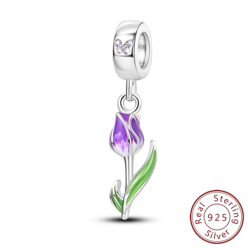 Original Copper Charms Beads Pendant Lotus Tulip Rose Carnation Flower Series Bead Fit Bracelets Women Jewelry Gift