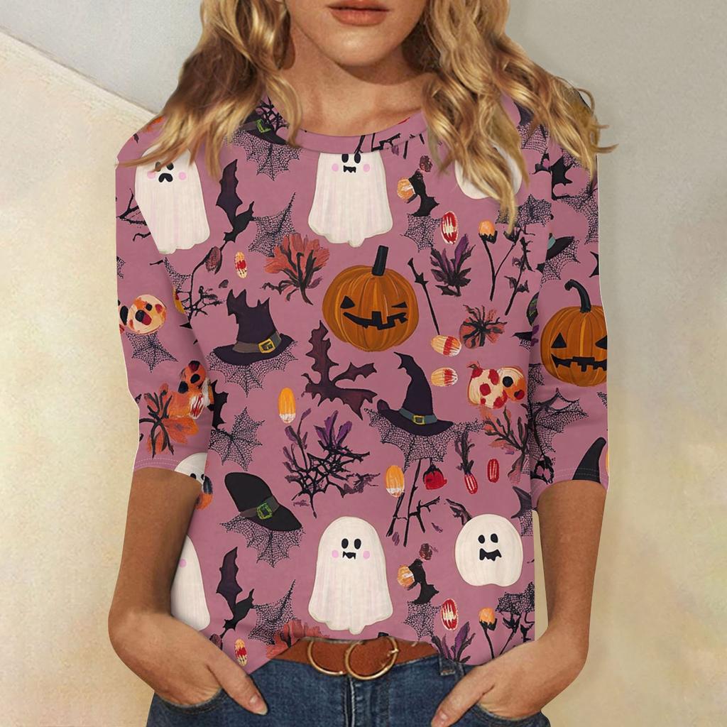 Damenmode Lässig Dreiviertelärmel Halloween-Print Rundhals-Top