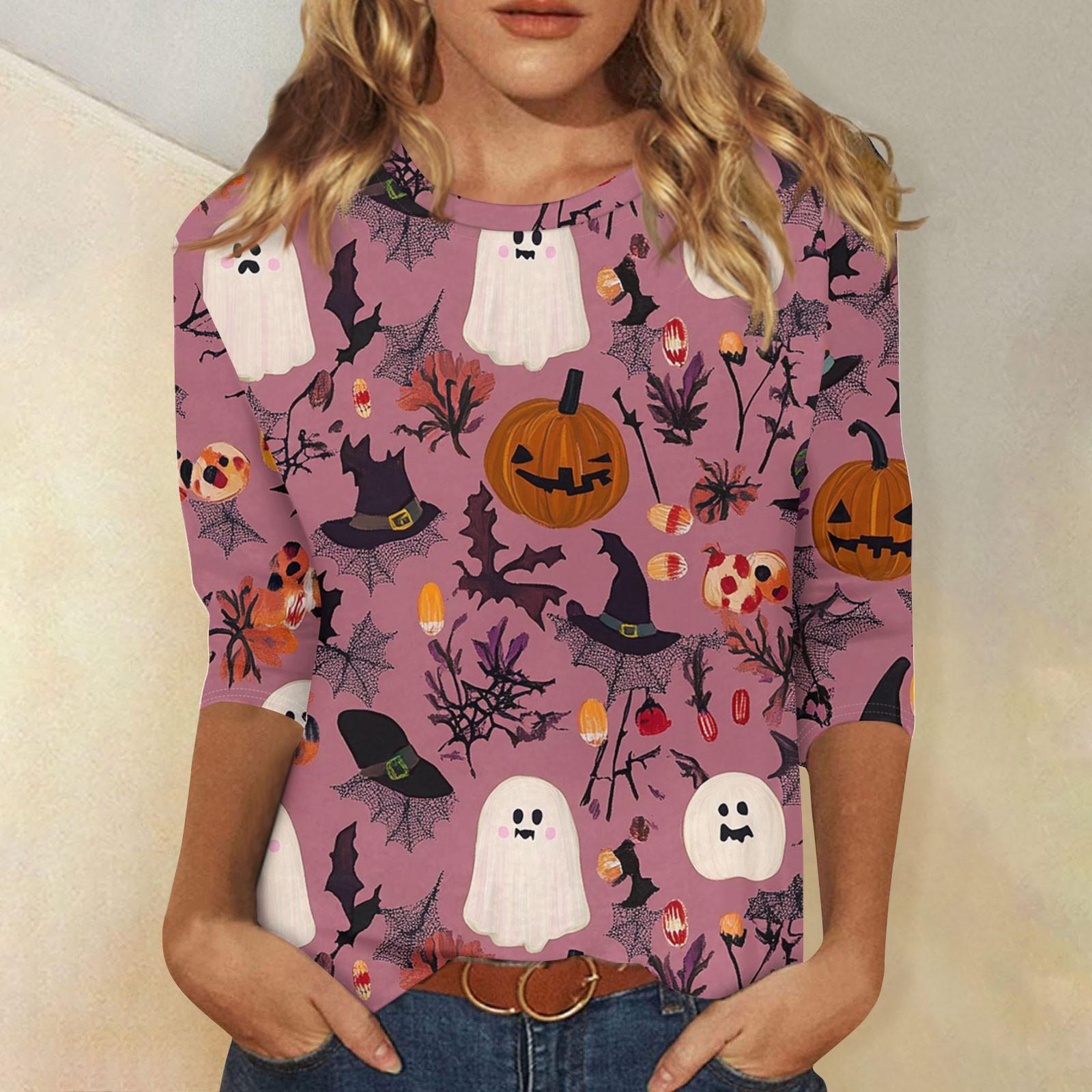 

Women s Fashion Casual Three-quarter Sleeve Halloween Printed Round Neck Top M