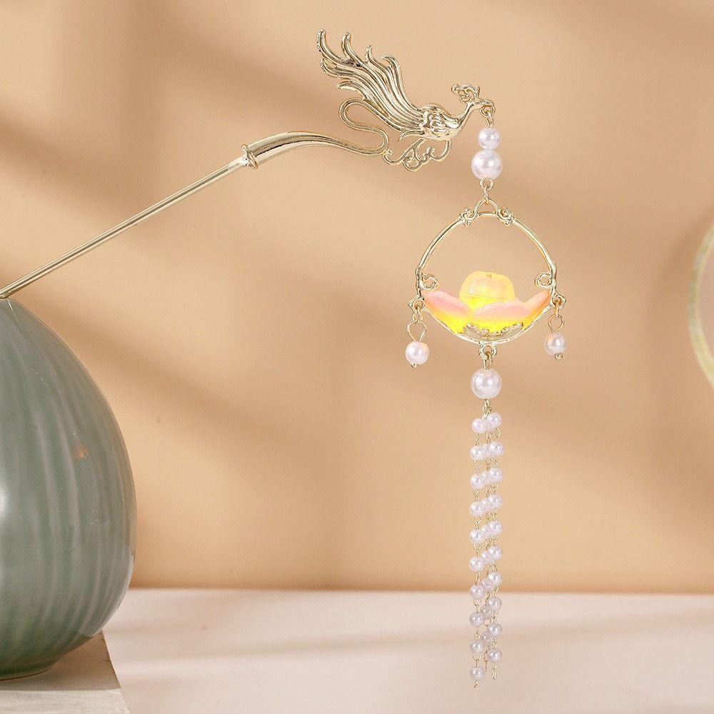 Vintage Lotus Emit Light Hairpin Chinese Style Tassel Hair Stick  For Woman Girl Hair Accessories