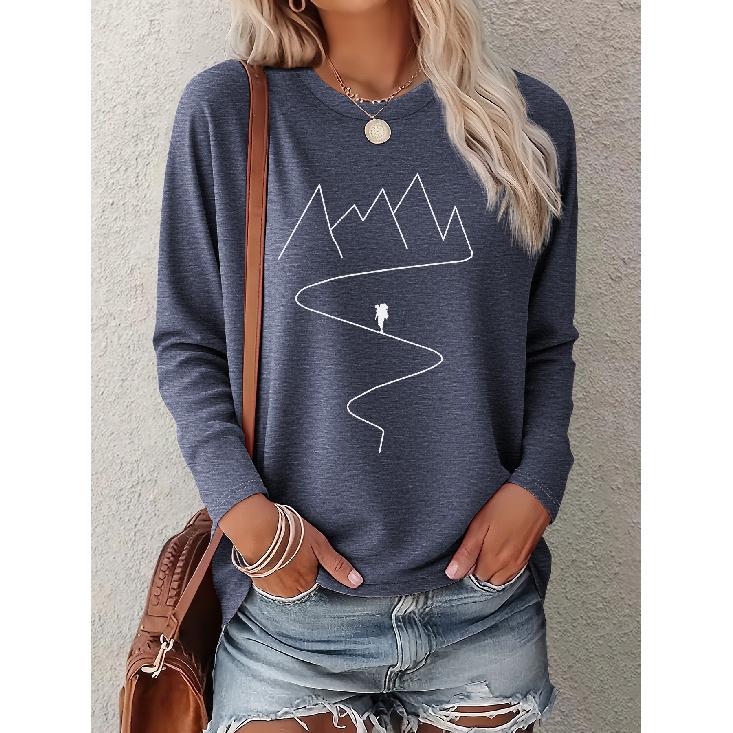 Women's Minimalist Hiker Line Portrait Landscape Print One-piece casual long-sleeved elegant summer top Fashionable and cute T Vintage