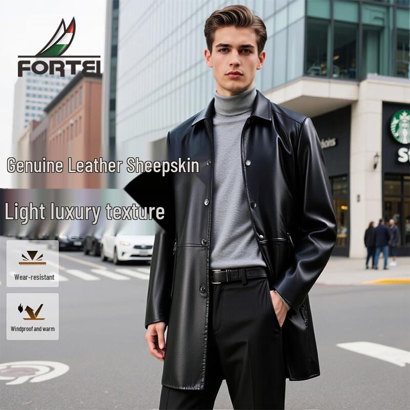 

Futing Men s Lychee Grain Lambskin Business Casual Mid-Length Leather Jacket M 48