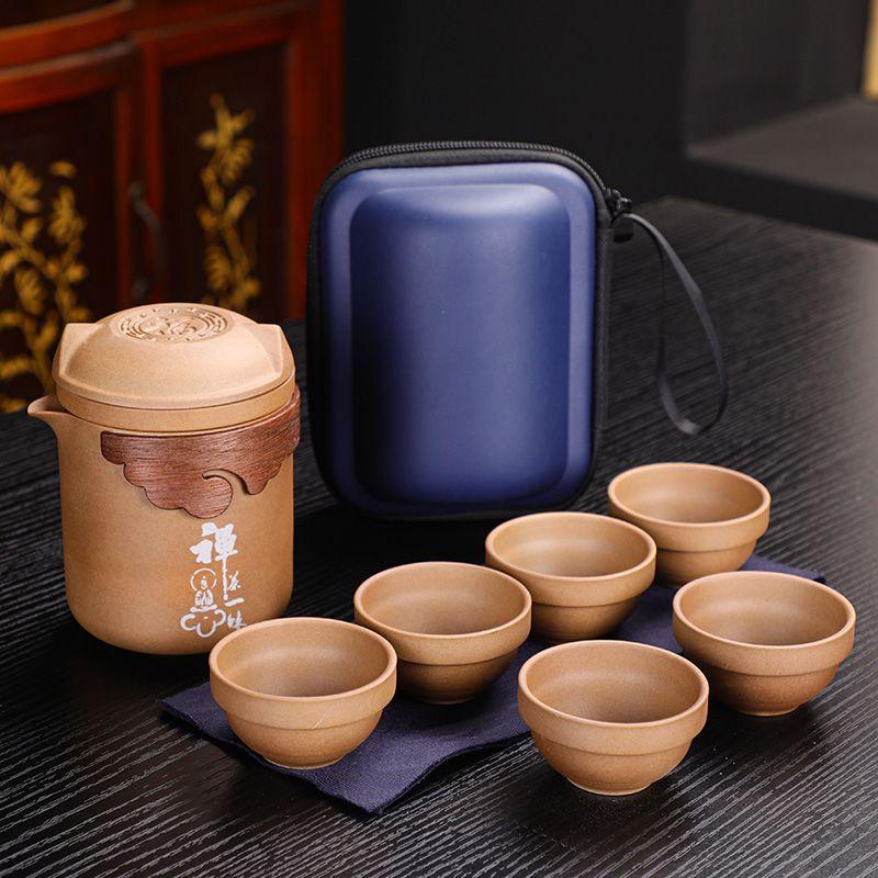 Ceramic Travel Kung Fu Tea Set Portable Travel Cup Outdoor Camping Tea Pot Tea Cup One Pot Six Cups