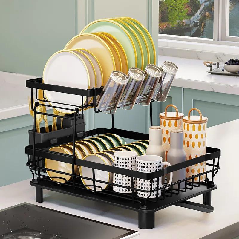 

2-Tier Stainless Steel Dish Drying Rack for Kitchen Counter, Large Capacity Drainer with Removable Utensil Holder & Cup Hooks XL чёрный