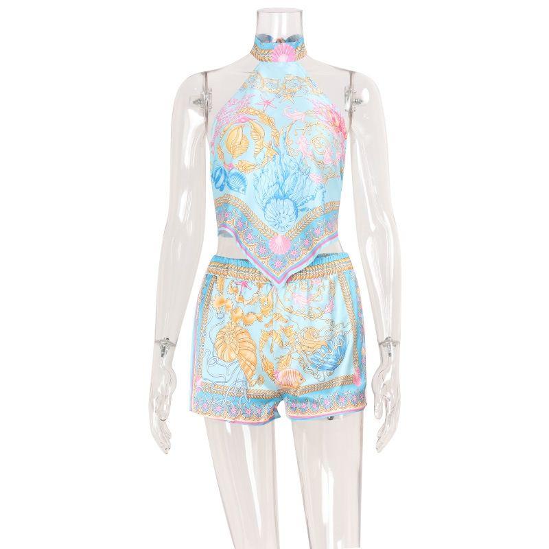 

Комплект майки и шорт Европейский и американский Новый пляжный принт Топ-халтер без спины Комплект шорт Blue S