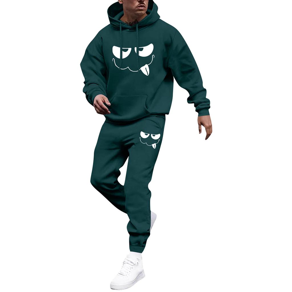 Men's Printed Hooded Sweatshirt And Sweatpants Casual Sports Suit