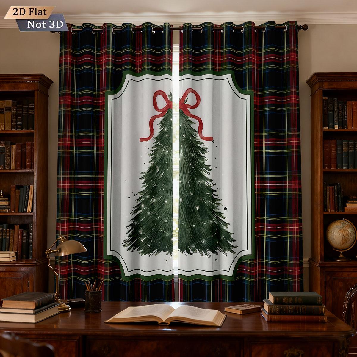 2pcs Merry Christmas   green Christmas tree print   perforated blackout curtains   multi size living room insulation decoration 100*130 Rod Pocket 1pcs