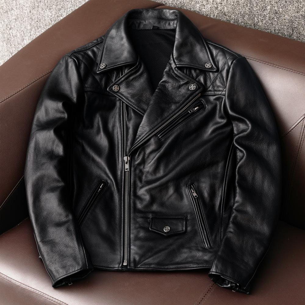 Men Genuine Leather Motorcycle Jacket Cowhide Biker Coat with Detachable Armor and Lapel
