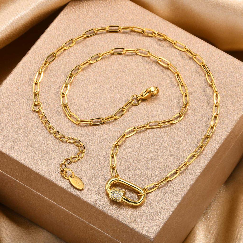 Pave Zircon Pin Pendant Neckalce for Women, Adjustable Stainless Steel Paperclip Chain Wholesale Jewelry