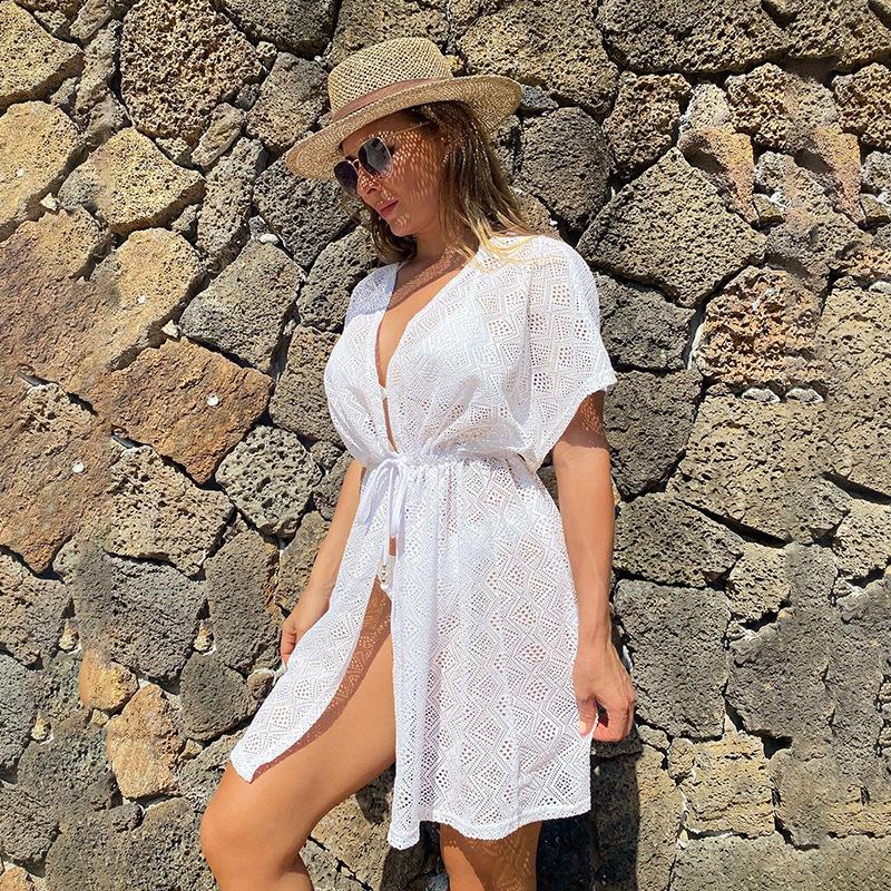 

Новая летняя пляжная юбка для женщин однотонная сексуальная кружевная водорастворимая пляжная юбка-бикини для купальника блузка костюм для защиты от солнца One Size белый