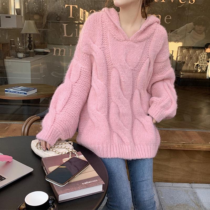 WTEMPO Brand Large Version of Knitting Temperament Commuter Blue Jumper Lazy Wind Twist Loose Women's Hooded Pullover Sweater Shirts