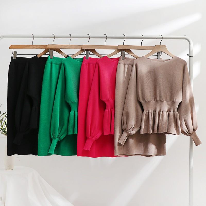Fashion Suit Women's Retro Bag Hip Waist Slimming Knitted Dress Two-piece Set