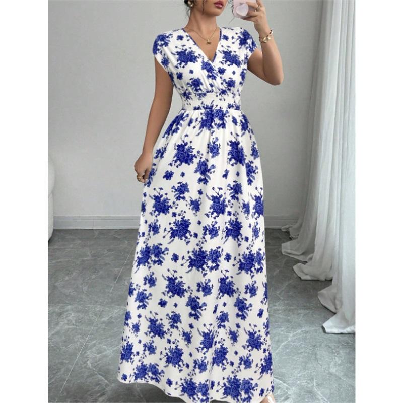 Women's Casual Floral Short-Sleeve Tie-Front V-Neck Fitted Dress for Summer