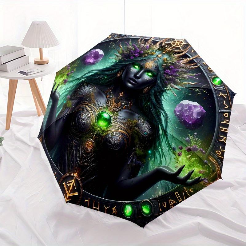 Enchanted Amulet: Green Gemstone Protection CharmUmbrella, Portable 3-Fold Compact Umbrella,Christmas Gift ES663