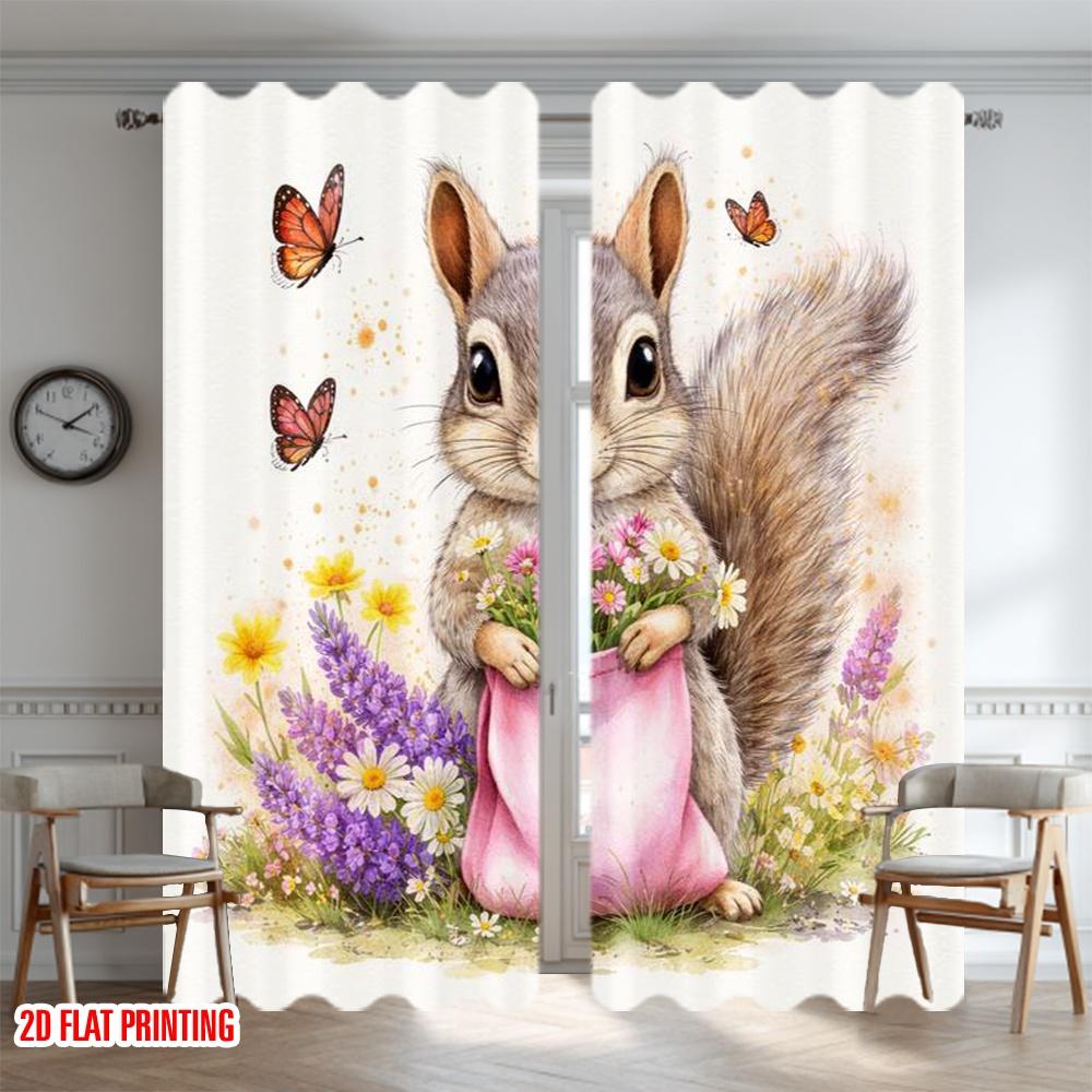 2D flat printing 2pcs Curtain Party Curtains Spring Squirrel with Flowers Digital Printed Polyester Drapes Birthday Party