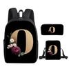 Fashion Novelty Flower letters A-Z 3D Print 3pcs/Set pupil School Bags Laptop Daypack Backpack Inclined shoulder bag Pencil Case