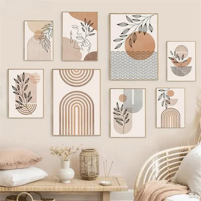 Boho světlý blok Malba na plátně Severské minimalistické linie Nástěnné umění Figura Listy Nástěnné umění Obraz Dekorace obývacího pokoje
