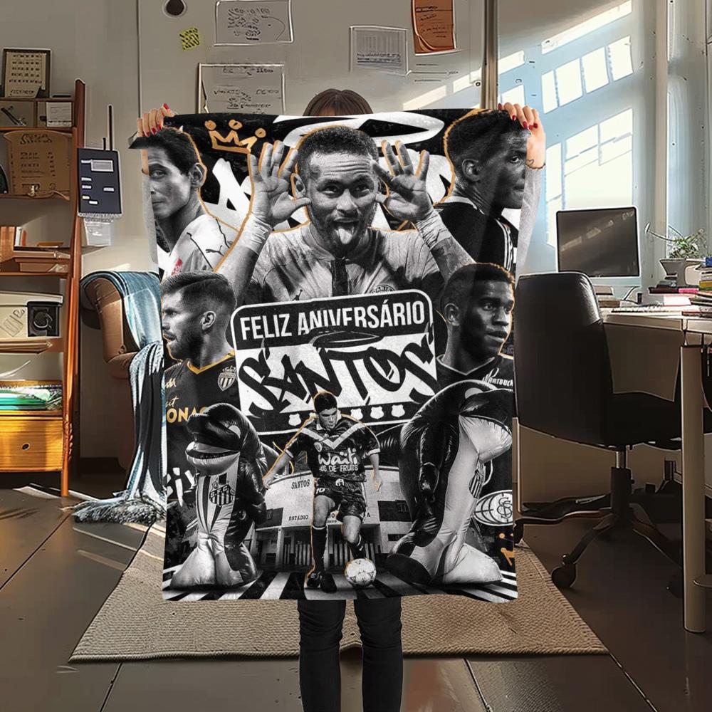 Santos FC Black White Vintage Collage Flannel Blanket Brazilian Football Club Print Throw Blanket Soccer Fan Bedroom Sofa Cover Mat
