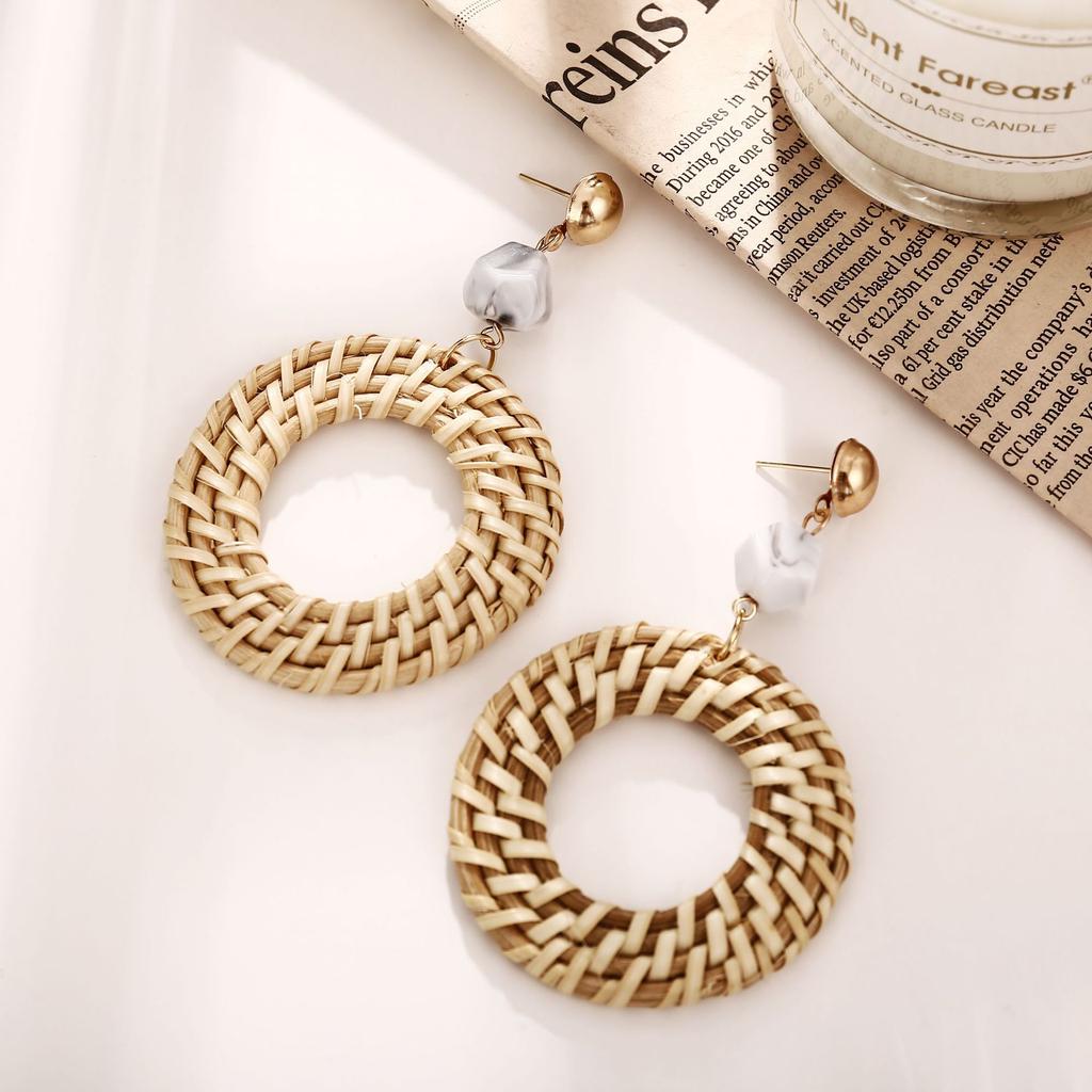 Women Men Retro Style Round Weave Wooden Earrings Beige Eardrop