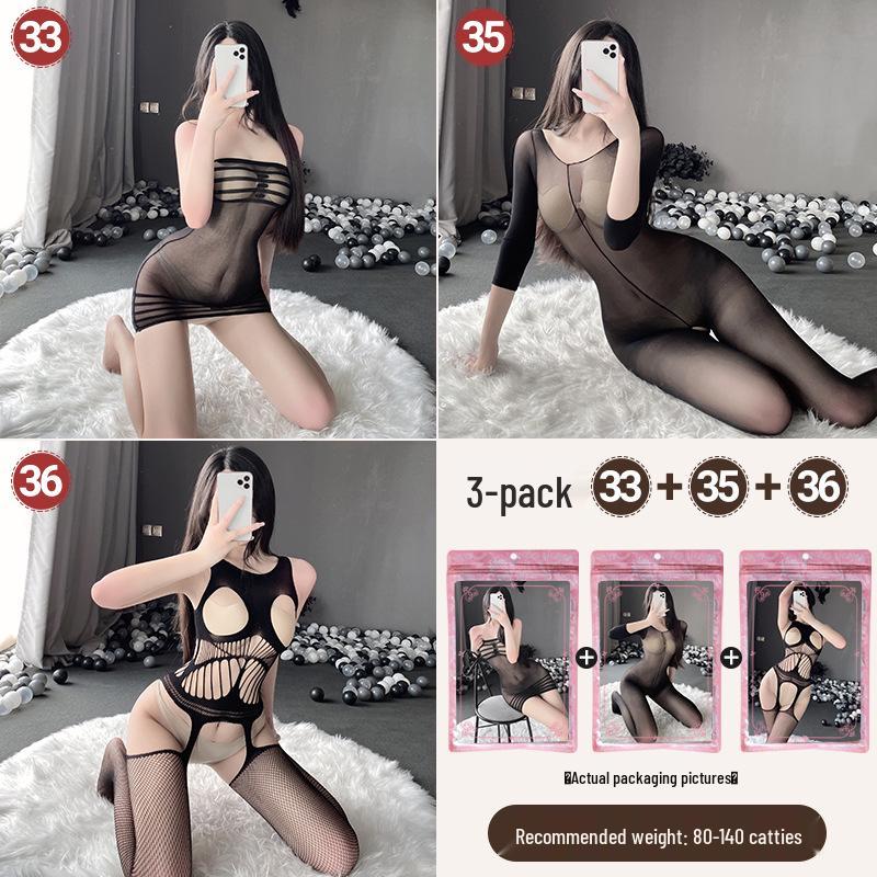 Linlinting Plus Size Sexy See-through Cutout Bodysuit with Open Crotch Stockings Set