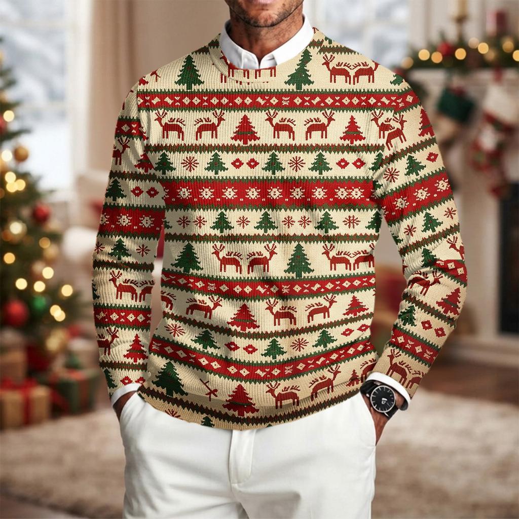 Men's Long Sleeve Crewneck Ribbed Knit Pullover Sweater with Christmas Holiday Print Casual Winter Top